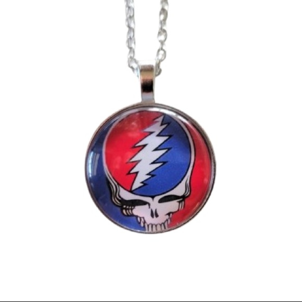 Grateful Dead Steal Your Face Silver Glass Photo Cabochon Pendant Charm Necklace